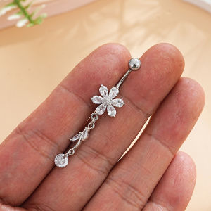 Flower-Drop Dangled Belly Piercing Nombril Stainless Steel Zircon Pendant Belly Button Ring 14G Curved Navel Piercing Ombligo