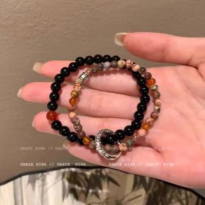 [Dry Wood Fengchun] Zen Peace Buckle Natural Stone Bracelet Womens New Chinese Twin Bracelet Niche Style Couple Accessories