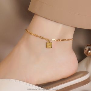 OYJR Gelang Kaki Titanium anklet Persegi Huruf "Good Luck" Fashion Korea Emas 18K Anti Luntur Anti Karat Aksesoris Wanita Perhiasan gelang kaki