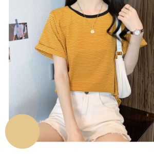 QJshop  ขายดีม๊ากก 🛎 เสื้อคอกลมแขนสั้นผู้หญิง 🍅เสื้อแฟชั่นเกาหลีผู้หญิง ใส่สบาย เรียบๆ ลายทาง ฮิตติดกระแส น่ารักมากกก อย่าพลาด