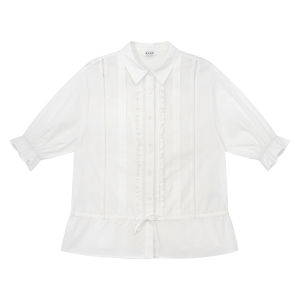Ruffled Short Sleeve Blouse with Drawstring Ties