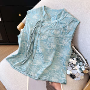 YEZATIIO | Luxury Chinese Style Sleeveless Top Blue 2026 New Design