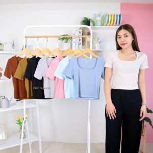 เสื้อผ้ายืด 212 หนึ่ง สีพื้น คอเหลี่ยม ทรงครอป เนื้อผ้าร่อง ยืดได้เยอะ ทรงสวย ใส่สบาย