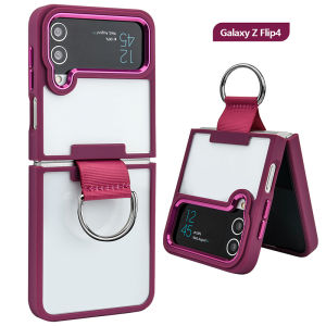 FLOVEME Luxury Transparent Phone Case For Samsung Galaxy Z Flip 4 Flip 3 5G Metal Lens Frame With Finger Ring Clear Back Cover For Galaxy Z Flip 4 Flip 3