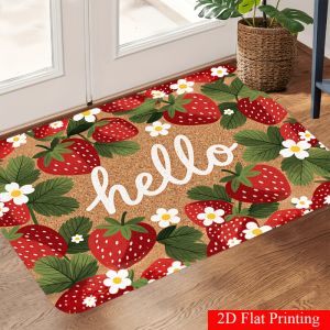 VIKAMA Red Strawberry Floral Summer Rug Stain Resistant Easy Care Mat Porch Kitchen Floor Mat Farmhouse Home Decor