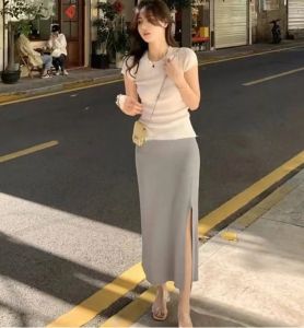 High Waist Knitted Midi Skirt for Women Spring Summer New Fashion Korean Style A-Line Wrap around Skirts Trendy Split Design