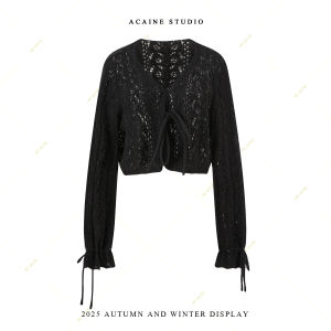 Acaine Pure Color Long Sleeve V-Neck Hollow out Knitted Open Cardigan Womens Autumn Outerwear Layering Elegant Top