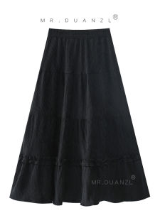 Mrduanzl Suede Stitching Skirt Womens Autumn and Winter 2024 New Arrival Cover Long Skirt High Waist Wooden Ear Skirt