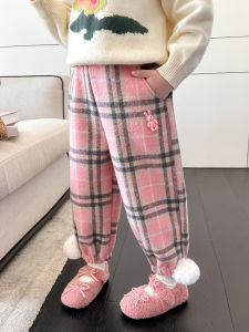 กางเกงวอร์มกีฬาผ้าขนแกะหนาสำหรับเด็กผู้หญิง กางเกงขายาวทรงหลวมสบาย ๆ สำหรับฤดูใบไม้ร่วงและฤดูหนาว ทรงสตรีท เอวกลาง ขากระบอก