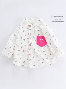 เสื้อเชิ้ตแขนยาวสำหรับเด็กเสื้อเชิ้ตแขนยาวสำหรับเด็กหญิงวัยกลางและวัยโตเสื้อคอตั้งแบบฤดูใบไม้ผลิสำหรับเด็กเสื้อตัวพองลายหน้ายิ้มสำหรับเด็กหญิง