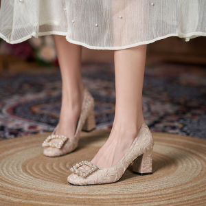 Plus Size Block Heels Pearl Square Buckle Feet Fat Feet Wide Pumps Womens Everyday Fashion Wide Feet