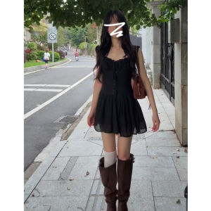 QINWEIYU | French Seductive Black Square Neck Halter Dress