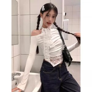 Áo Thun Tay Dài American Pure Desire Sweet Spicy Bé Gái Lace Shoulder Spring Autumn Womens Slim Fit Base Shirt Trendy