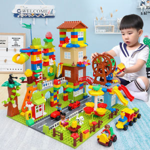 319pcs With Base Plate Big Size Slide Blocks Compatible LEGO Duplo City House Roof Big Particle Building Block Castle Brick Toys for Kids
