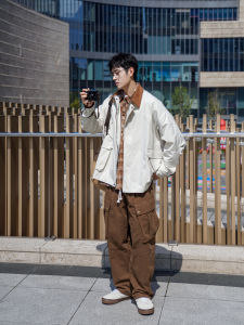 Loose Brown Work Trousers Mens Casual Wide Leg Elastic Waist Long Pants Youth Fashion Cotton Straight Tube Pants Autumn Wear