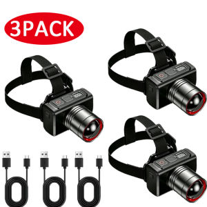 3pcs LED Rechargeable Induction Headlamp 90° Adjustable Zoomable Head Lights for ForeheadRunning HeadLight for Camping