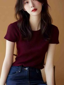 Wine Red Short Sleeve Stylish Designer Women Tshirt
