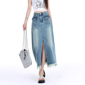 กระโปรงยีนส์ทรงเอเอวสูงสไตล์ย้อนยุคสำหรับผู้หญิง กระโปรงทรงเอยาวปานกลาง กระโปรงสั้นสีพื้นแบบลำลองสำหรับฤดูร้อน