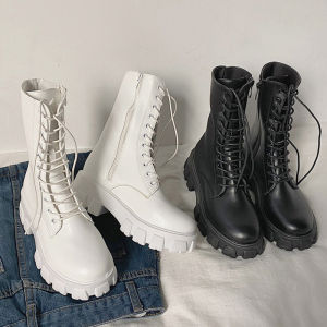 Giày Bốt Martin Phong Cách Anh Cho Nữ Đế Dày Màu Trắng Cao Đến Giữa Bắp Chân Thường Ngày Mùa Thu Đông Giày Bốt Ngắn