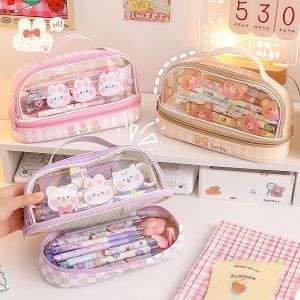 Cartoon large capacity transparent double layeCartoon larr pencil case portable stationery organizer school office pencil case
