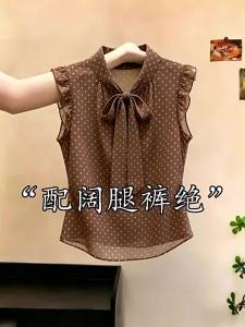 Áo Blouse Không Tay Họa Tiết Chấm Bi Mới Cho Phụ Nữ Mùa Hè Thiết Kế Nơ Đeo