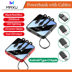 20000Mah Powerbank with Cables Mini Power Bank Fast Charging iPhone Type-C USB Interface Portable Charger Emergency Light