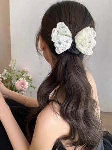 ยางรัดผมลายผีเสื้อสองชั้นสไตล์เกาหลีหรูหรา ลายลูกไม้ ลายปัก ยางรัดผมสไตล์ย้อนยุค ยางรัดผมหรูหรา