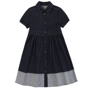 Hacikis Kids Cotton Denim Summer Dress Casual Loose Fit Parent-Child Skirt Splice Washable Short Sleeve Girls Dress