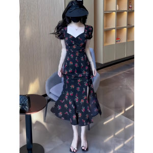 Jorfrey Floral Square Neck A-Line Skirt Long Dress for Women Summer Waist-Tightening Slimming French Tea Break Wrap Dress
