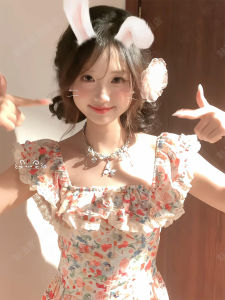 French Lace Splicing Oil Painting Floral Square Collar Womens Summer Slimming Sweet Little Flying Sleeve Long Dress