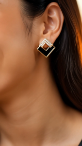 [SG] Black & Gold Geometric Crystal Stud Earrings | Modern Square Statement Earrings | Elegant Crystal Fashion Jewellery | Minimalist Luxury Earrings | ear me out (EMO-64)