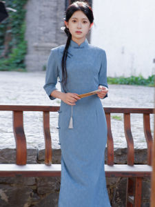 Retro Style Blue Book Scroll Young Girl Cheongsam Long Qipao Traditional Method Spring Collection for Girls 18-25 Years Old