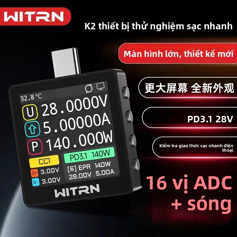 Máy Đo Điện Áp Và Dòng Điện K2 Bộ Kiểm Tra USB Với Chức Năng Phát Hiện Giao Thức Sạc Nhanh PD3.1 Màn Hình Màu EPR 28V Bộ Kích Hoạt Điện Thoại Di Động 140W