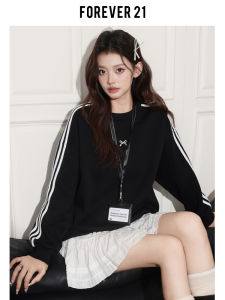 เสื้อสเวตเตอร์คอตั้งแขนยาวลายทางสีดำสไตล์อเมริกัน Forever21 สำหรับผู้หญิง ฤดูใบไม้ร่วง ลำลอง ปักลาย หลวมๆ เสื้อยืด