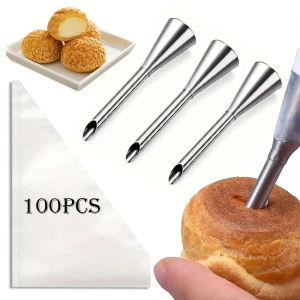 103PCS Tainless Steel Choux Pastry Piping Kit-100 Disposable Bags+Stainless Steel Cream Puff Nozzle-Professional DIY Baking Set