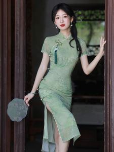 Green Young Style Long Qipao Improved Version Daily Wear for Girls Summer 2025 New Chinese Style Slim Fit Cheongsam Dress