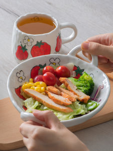 จานผักต้มลึก จานทานอาหารที่บ้าน จานเซรามิก ดีไซน์ลายดอกไม้ จานน้ำซุปแบบมีหูสองข้าง ชุดจั๊วบอบอุ่น จาน 7 นิ้ว