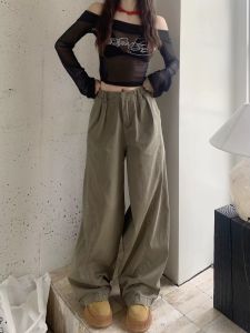 Quần Jeans Denim Ống Rộng Màu Kaki Cổ Điển Cho Nữ Quần Thường Ngày Ôm Dáng Mùa Thu Cạp Cao Có Túi Quần Dài