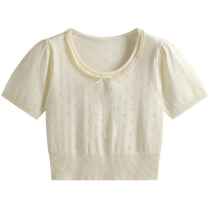 JZZDEMM Lace Trimmed Butterfly Knot Short Sleeve Knit Dress for Women Slim Fit Retro Style Pullover Low Round Neck