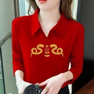 QIAOXIZI | Áo Sơ Mi Dài Tay Cổ POLO Màu Đỏ