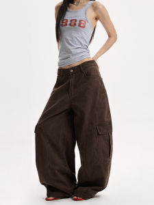 VATTY American Street Style Vintage Faded Multi-Pocket Knife Work Pants Women High Intelligence Wide Leg Straight Casual Pants