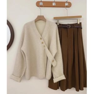 Elegant Soft Long Sleeve French Design Asymmetrical V-neck Knitted Cardigan