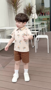 Set bộ polo bé trai màu nâu họa tiết cây dừa in tràn kèm quần short kaki 1 đến 7tuổi BERNIE H1124B14
