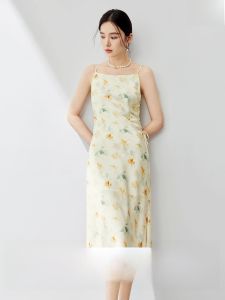 Floral Print Silk Satin Wrap Dress Womens Slimming Mid-Length A-Line Dress with Slit Elegant Style Casual Wear Summer Fashion