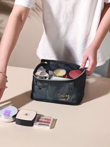 Large Capacity Portable Makeup Bag Travel Cosmetic Pouch Black Mesh Toiletries Bag Beauty Tools Storage Bag