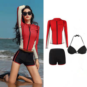 Mohan Red Diving Suit Womens Long Sleeve 3-Piece Swimsuit Sunscreen Split Jellyfish Suit Zipper Floating Ladies Swimwear