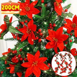 200CM Christmas Red Berry Branches Pick Wall Hanging Wreath DIY Xmas Tree Garland Wreath Hanging Ornament For Home Decoration