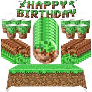 KAYOU | Pixel Birthday Party Supplies Disposable Tableware Set Kids Cups Plate Napkins Tablecloth Banner Game Themed Party Decorations