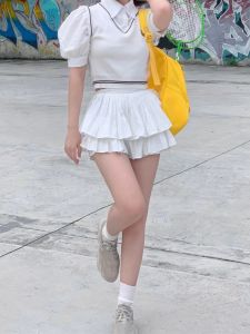 Váy Ngắn Xếp Ly Màu Trắng Cạp Cao Cho Nữ Mùa Thu Cỡ Lớn Dáng Quả Lê Váy Ngắn Xếp Ly Ngắn Cho Nữ