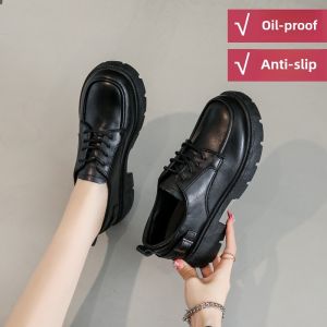 Black Hotel Work Shoes Female Non Slip Waterproof Restaurant Waiter Kitchen Womens Work Shoes All-Matching Genuine Leather Black Shoes